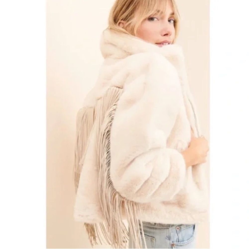 Anthropologie Blue Revival Fringe Faux Fur Bomber Jacket Coat size M